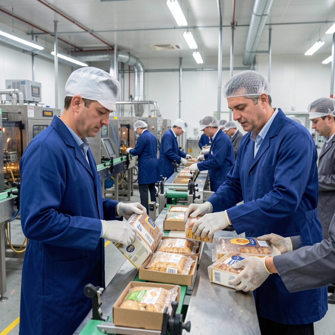 operai di produzione nel settore alimentare che stanno smistando gli alimenti che passano su nastri trasportatori